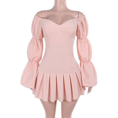 Elegant off the Shoulder Lantern Sleeve Pleated