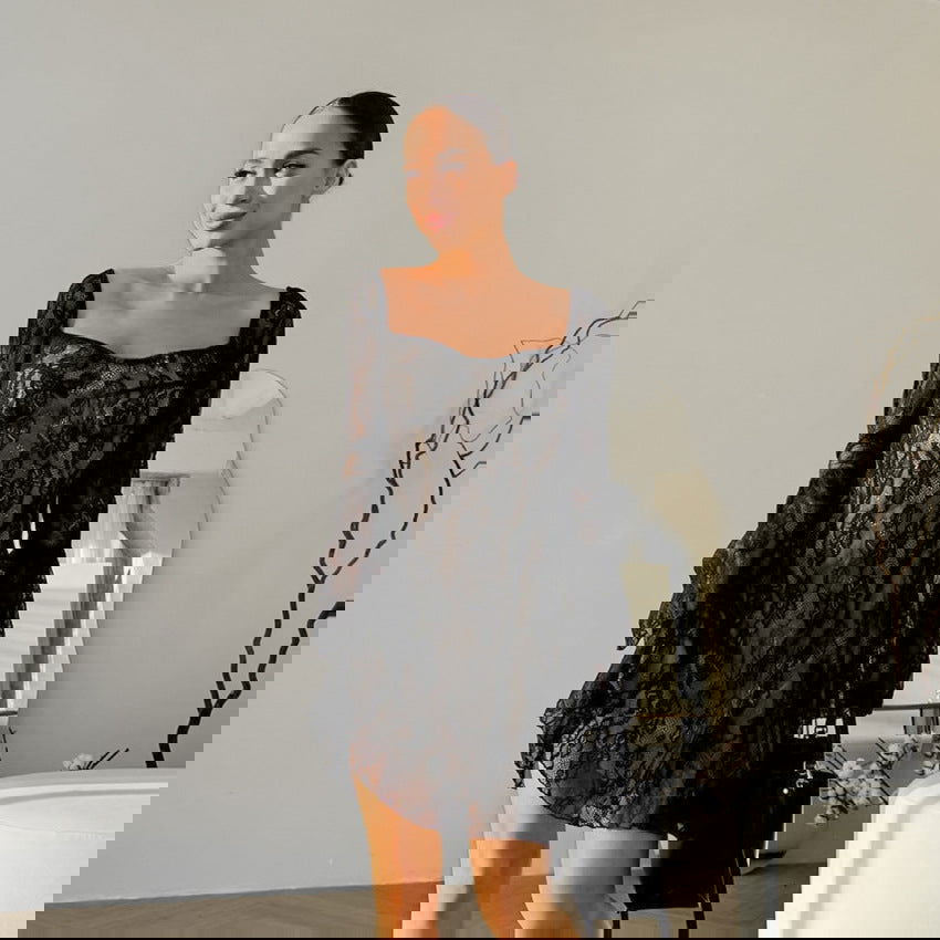 French Black Design Lace Hollow Out Cutout out Elegant Square Collar Puff Sleeve Slim Fit Tied