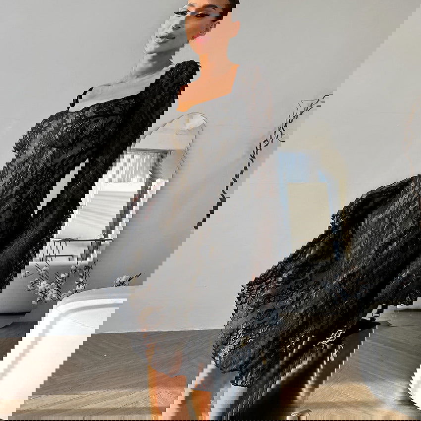 French Black Design Lace Hollow Out Cutout out Elegant Square Collar Puff Sleeve Slim Fit Tied