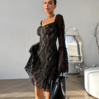 French Black Design Lace Hollow Out Cutout out Elegant Square Collar Puff Sleeve Slim Fit Tied