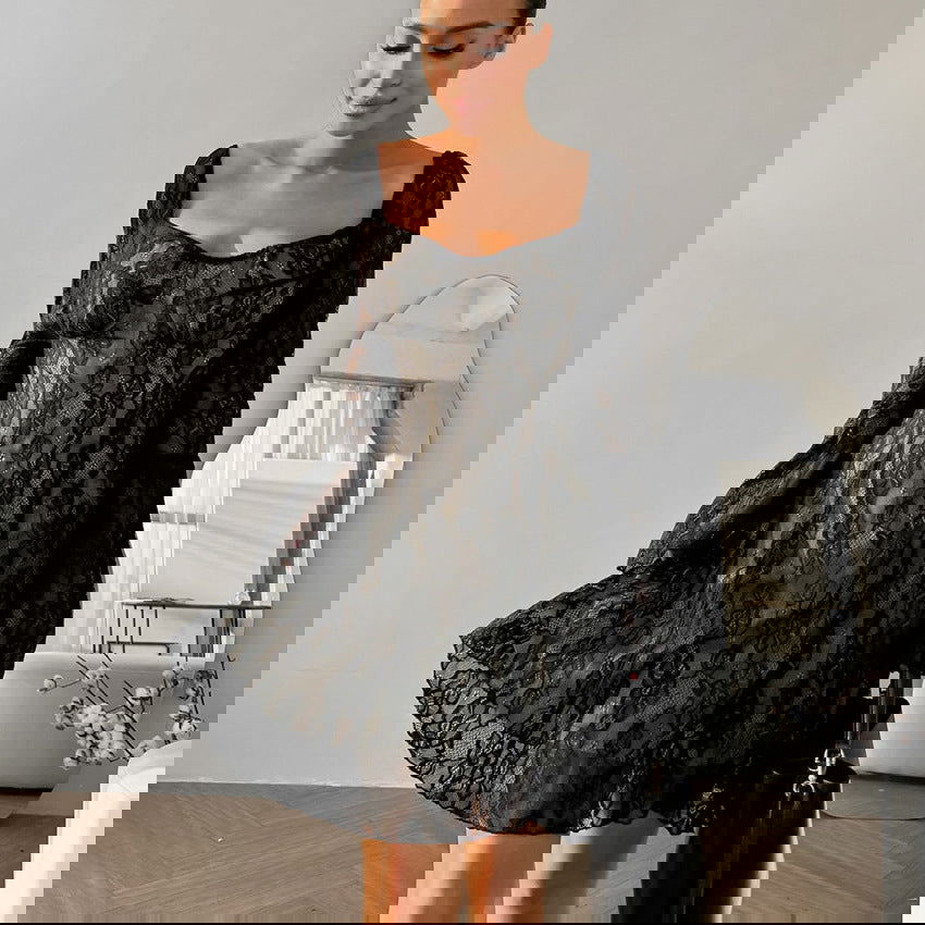 French Black Design Lace Hollow Out Cutout out Elegant Square Collar Puff Sleeve Slim Fit Tied