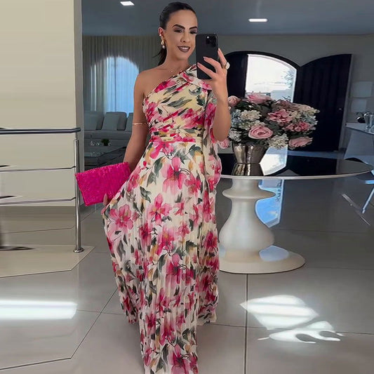 Popular Elegant Floral off Shoulder Folding Elegant Printed Dress