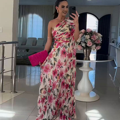 Popular Elegant Floral off Shoulder Folding Elegant Printed Dress