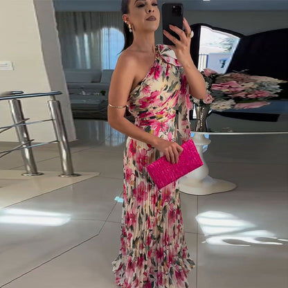 Popular Elegant Floral off Shoulder Folding Elegant Printed Dress