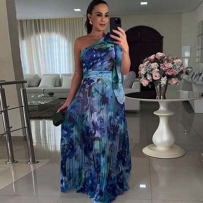 Popular Elegant Floral off Shoulder Folding Elegant Printed Dress