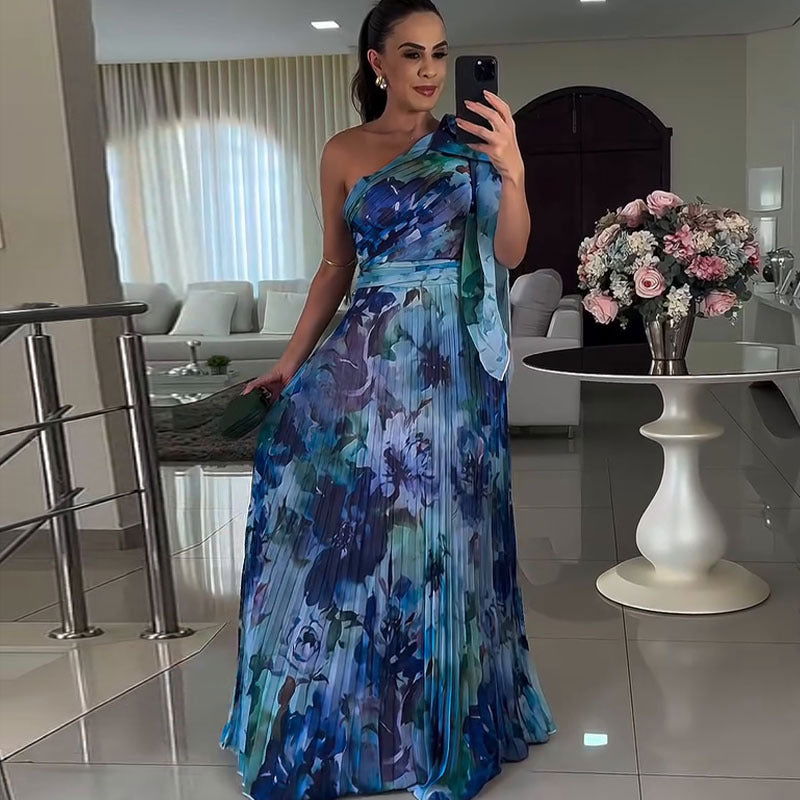 Popular Elegant Floral off Shoulder Folding Elegant Printed Dress