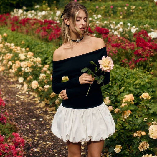 Retro Gracefuloff Shoulder Long Sleeve off the Shoulder Stitching Short Tulle Tutu