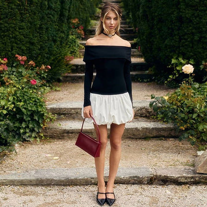 Retro Gracefuloff Shoulder Long Sleeve off the Shoulder Stitching Short Tulle Tutu