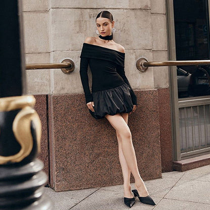 Retro Gracefuloff Shoulder Long Sleeve off the Shoulder Stitching Short Tulle Tutu