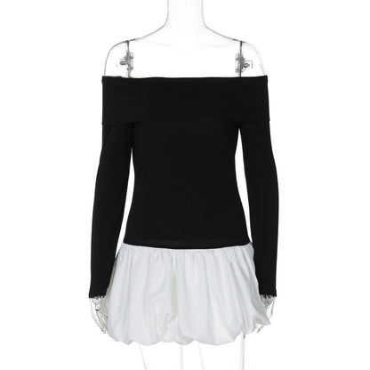 Retro Gracefuloff Shoulder Long Sleeve off the Shoulder Stitching Short Tulle Tutu