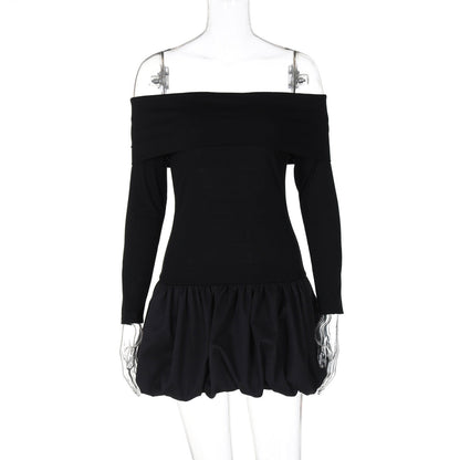 Retro Gracefuloff Shoulder Long Sleeve off the Shoulder Stitching Short Tulle Tutu