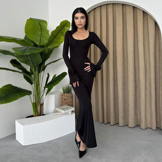 Socialite Elegant round Neck Rose Decorative Long Sleeve