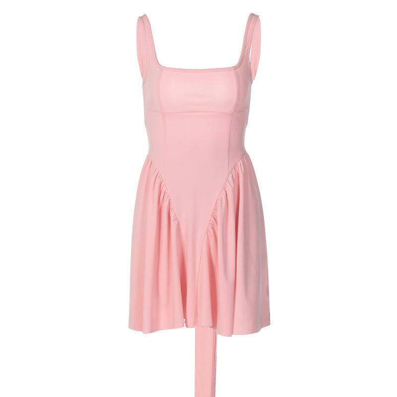 Solid Color Backless Stitching Lace up Short Girly Ruffled