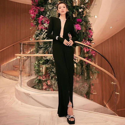 Black Long Sleeve Ring V neck Dress White Red Christmas Dress