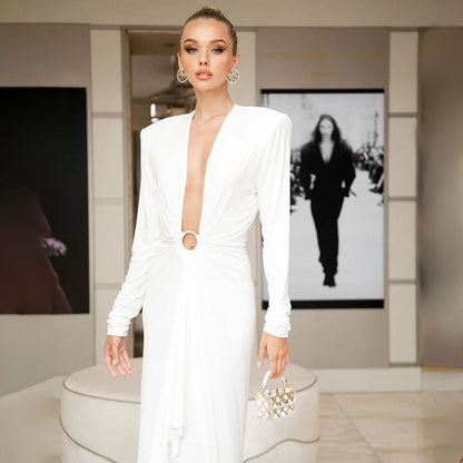 Black Long Sleeve Ring V neck Dress White Red Christmas Dress