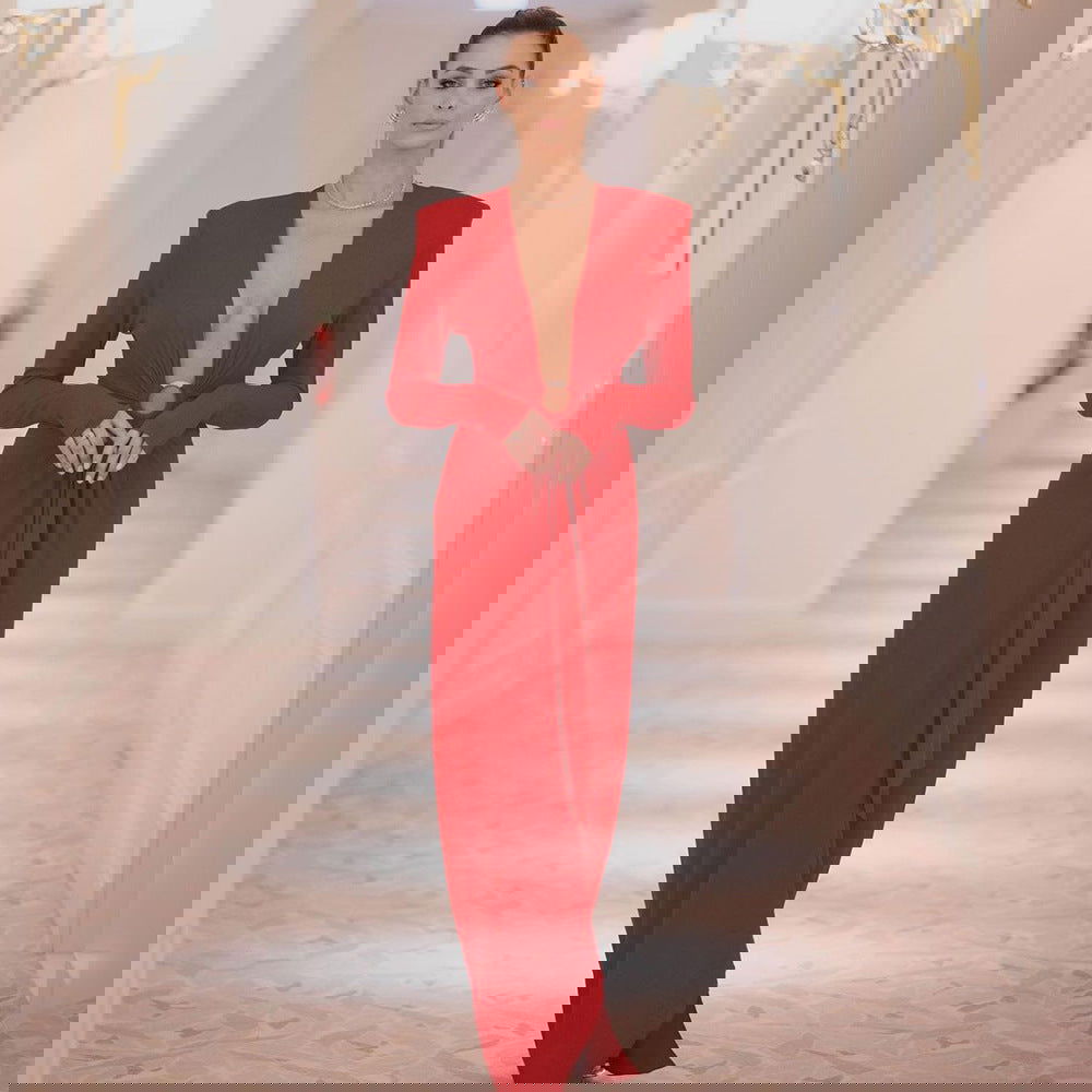 Black Long Sleeve Ring V neck Dress White Red Christmas Dress