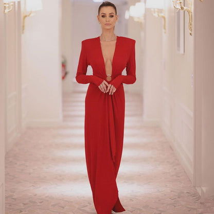 Black Long Sleeve Ring V neck Dress White Red Christmas Dress