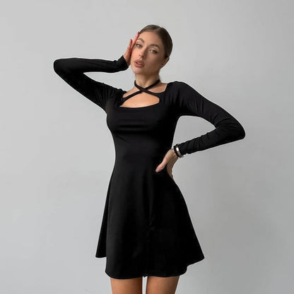Black Slim Fit Slimming Knitted Square Collar Design Lace up Dress Office Split