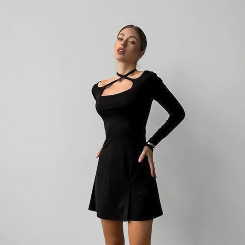 Black Slim Fit Slimming Knitted Square Collar Design Lace up Dress Office Split