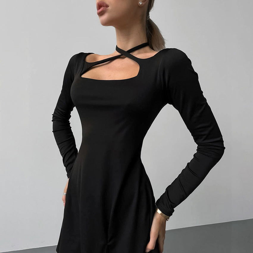 Black Slim Fit Slimming Knitted Square Collar Design Lace up Dress Office Split