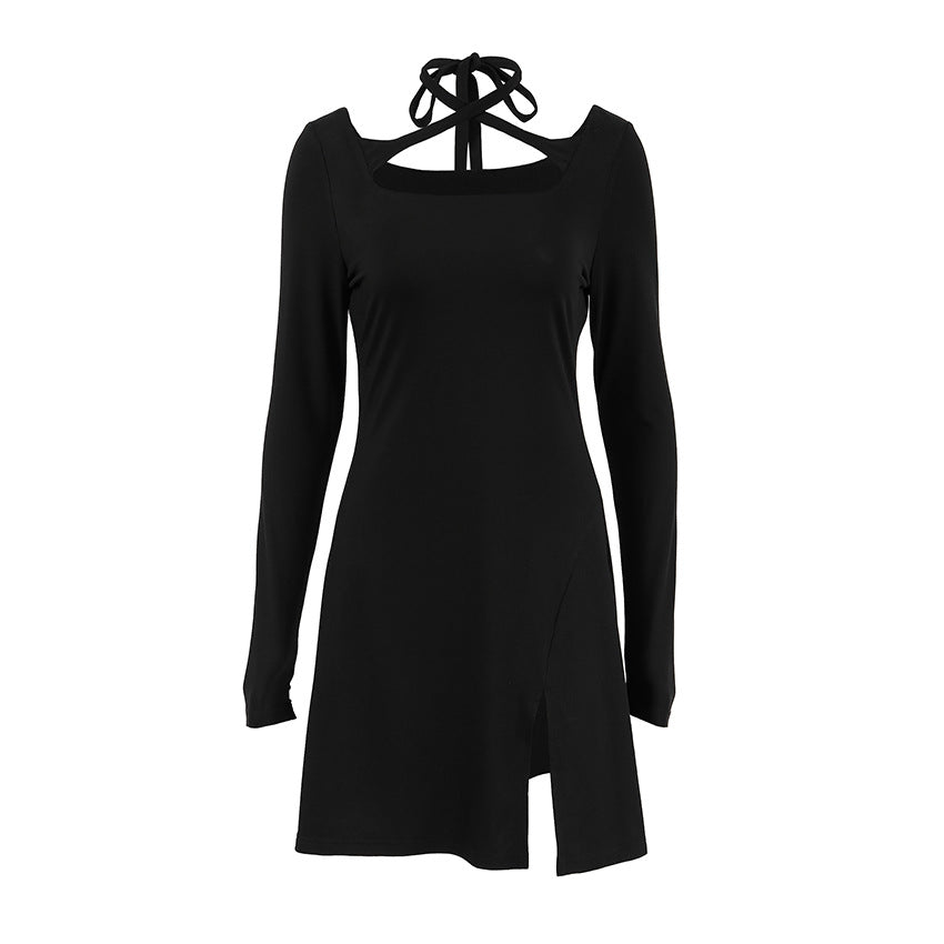Black Slim Fit Slimming Knitted Square Collar Design Lace up Dress Office Split