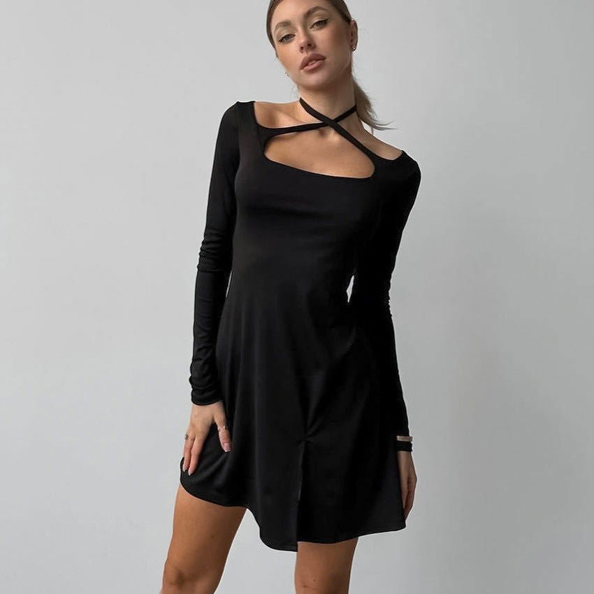Black Slim Fit Slimming Knitted Square Collar Design Lace up Dress Office Split