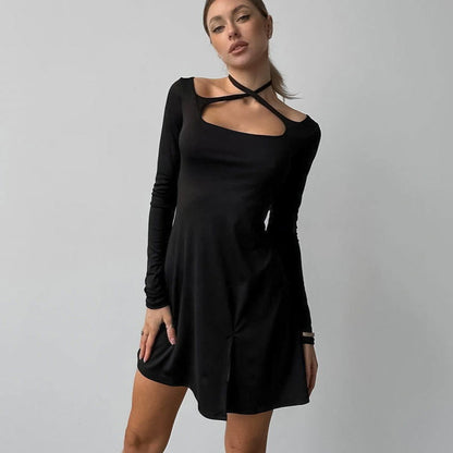 Black Slim Fit Slimming Knitted Square Collar Design Lace up Dress Office Split