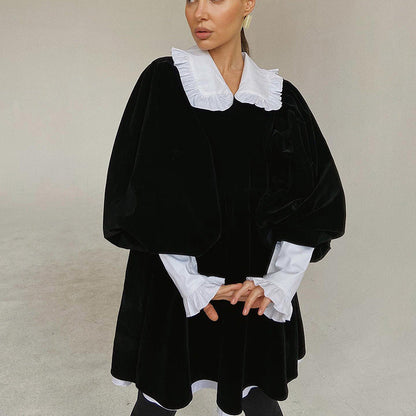 Design French Doll Collar Casual Velvet Black Dress Dress Petti dress for