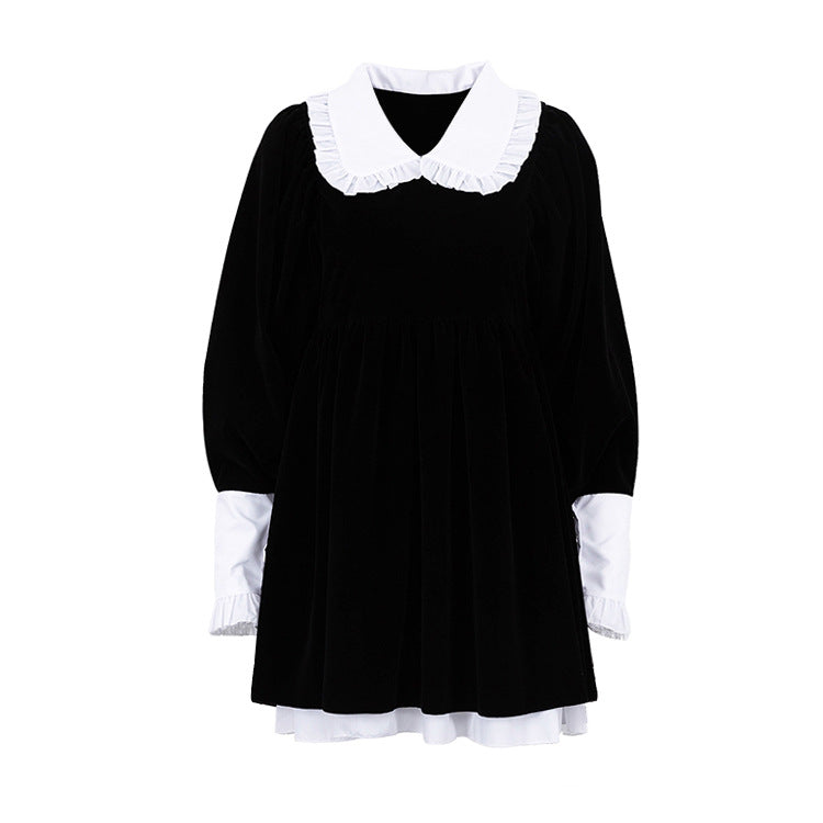 Design French Doll Collar Casual Velvet Black Dress Dress Petti dress for