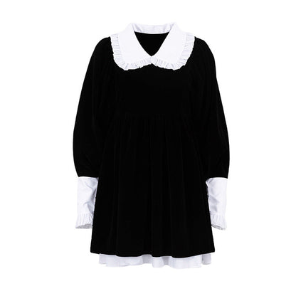 Design French Doll Collar Casual Velvet Black Dress Dress Petti dress for