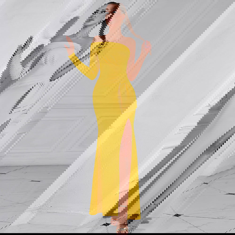 Diagonal Collar One Shoulder Long Sleeve Elegant Hip Solid Color Split Dress