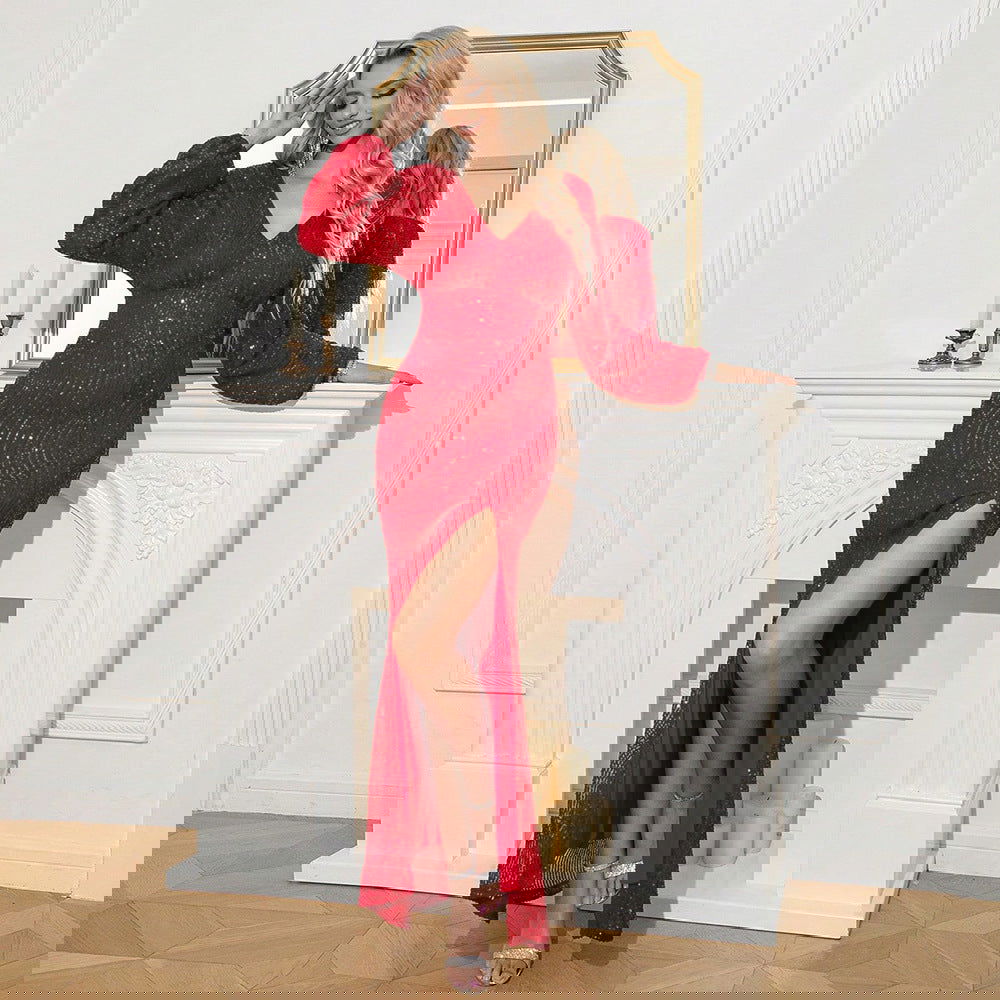 Puff Sleeve Deep V Plunge High Slit Sequined Cocktail Dress