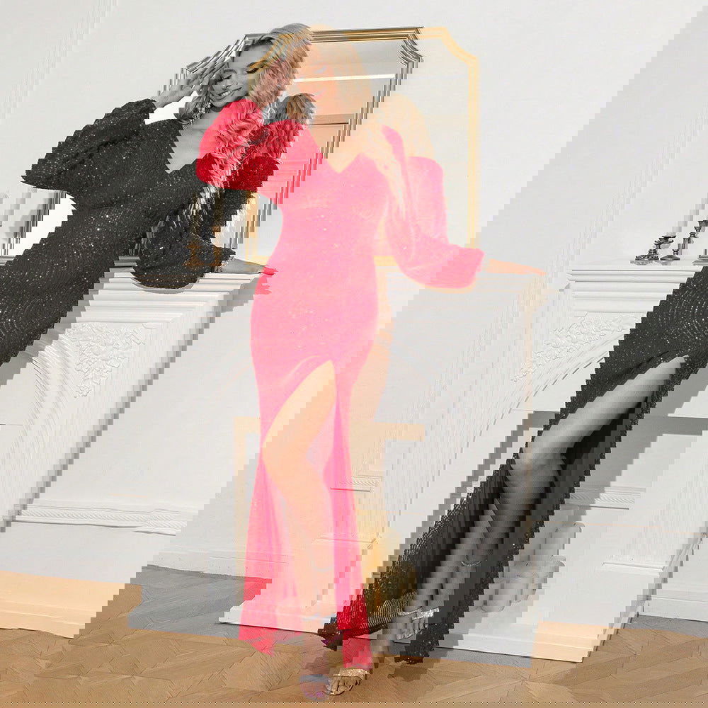 Puff Sleeve Deep V Plunge High Slit Sequined Cocktail Dress