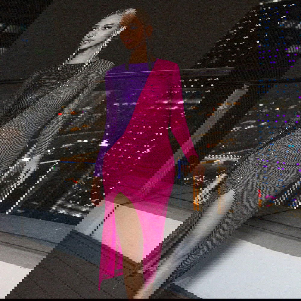 Sequin Stitching Long Sleeve Split Party Nightclub Dress