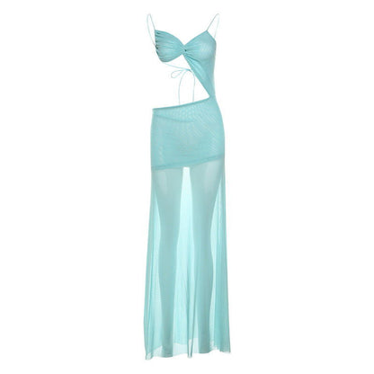 Tube Top Backless Lace up See through Solid Color Mesh Split Dress