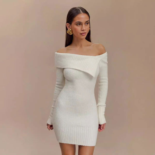 Sweater Long Sleeved off Neck Knitted Tight Graceful Short Dress