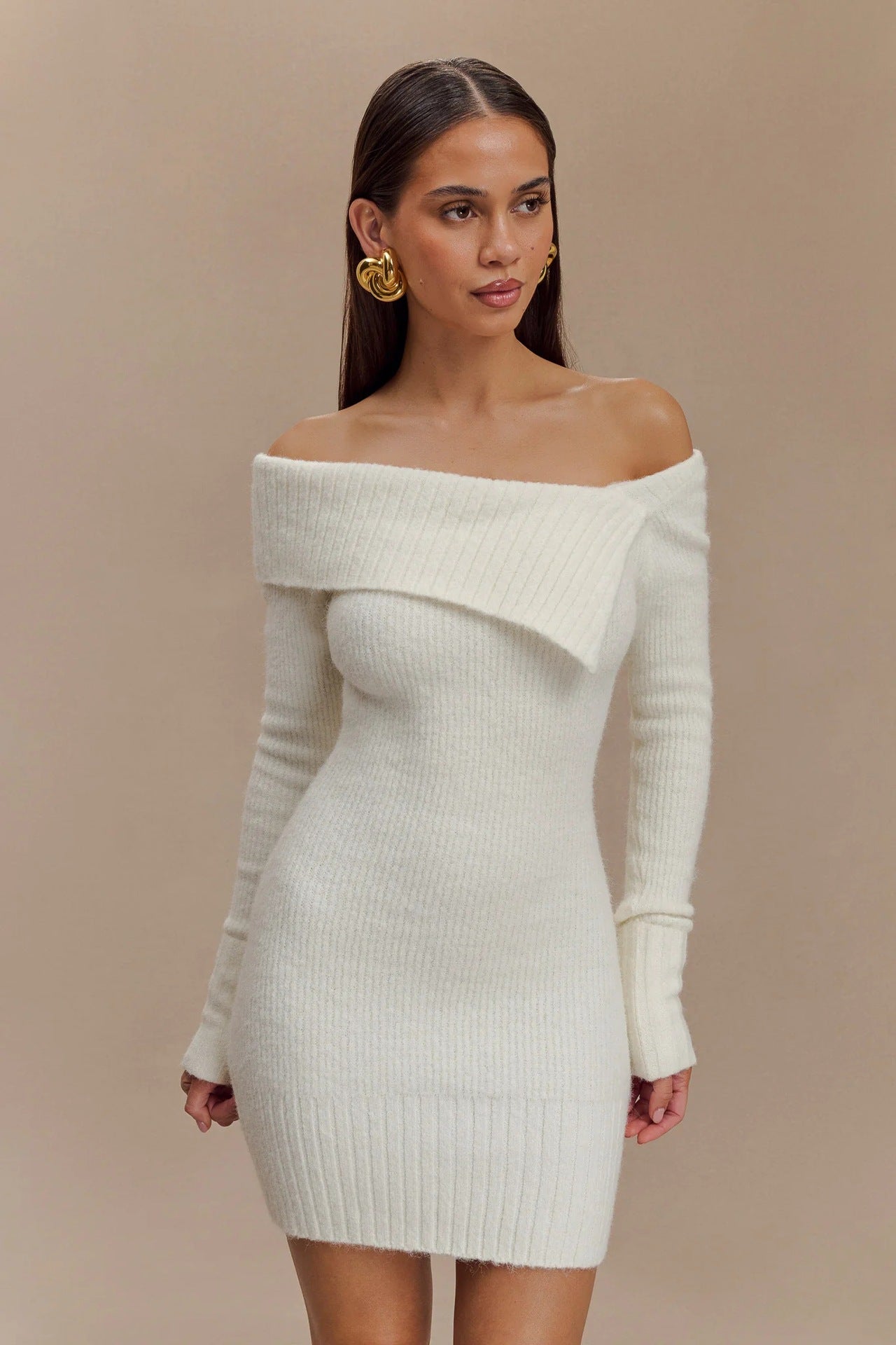 Sweater Long Sleeved off Neck Knitted Tight Graceful Short Dress
