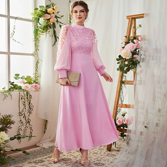 Applique Bubble Long Sleeve Big Hem Dress