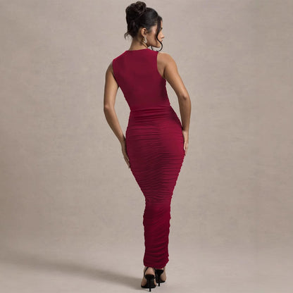 Elegant Pleated Slim Sleeveless round Neck Sheath Dress