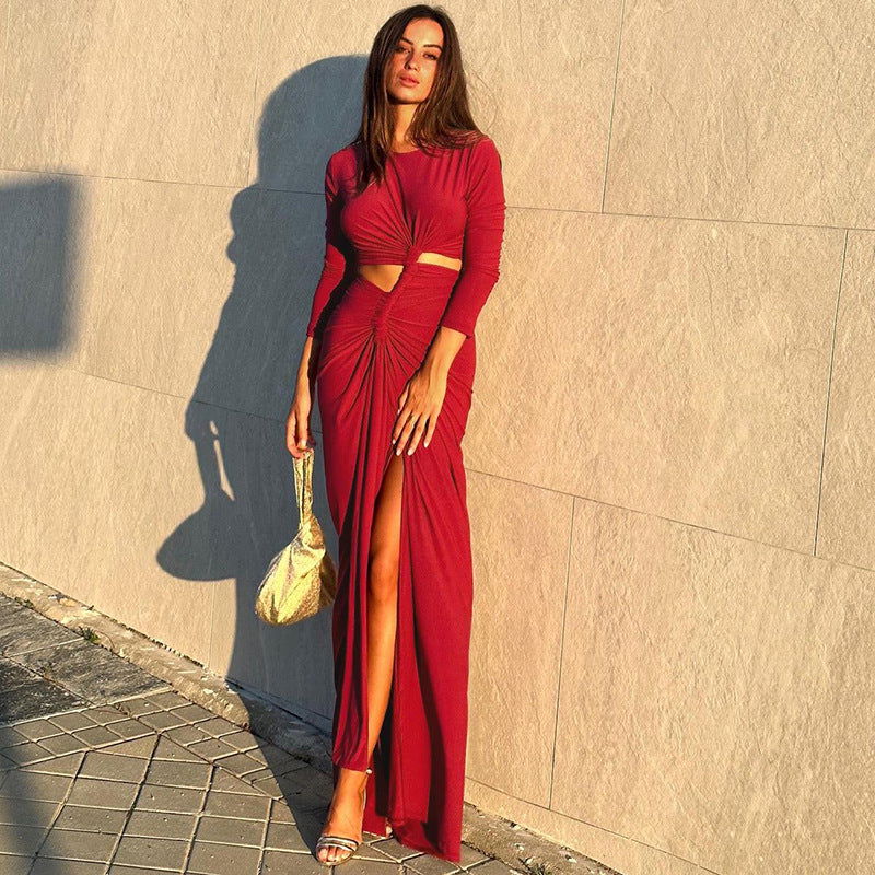 Elegant Solid Color round Neck High Slit Slim Long Sleeve Dress