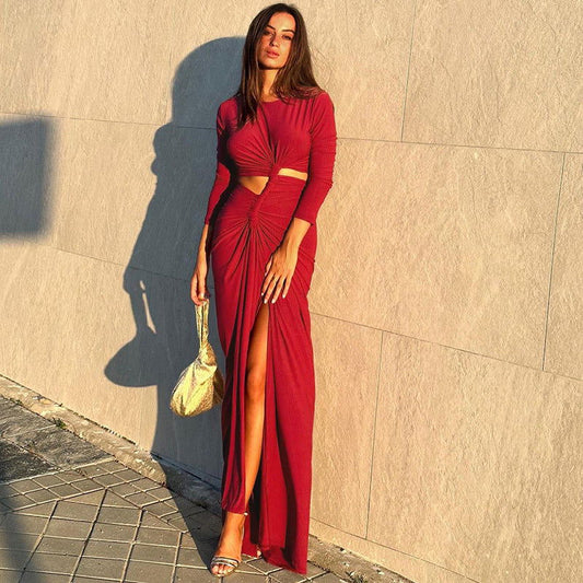 Elegant Solid Color round Neck High Slit Slim Long Sleeve Dress