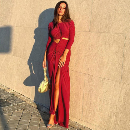 Elegant Solid Color round Neck High Slit Slim Long Sleeve Dress