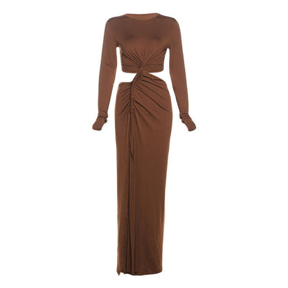 Elegant Solid Color round Neck High Slit Slim Long Sleeve Dress