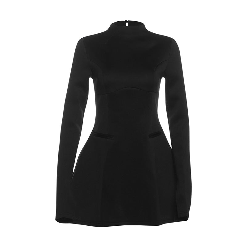 High Class Elegant Backless round Neck A line dress Solid Color Slim Fit Long Sleeves Dress