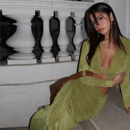 Deep V Plunge neck Solid Color Slim Fit Sheath Long Sleeve