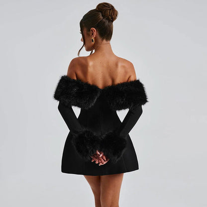 Fur Collar off Shoulder Slim Slimming A line Dress