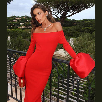 off Neck Long Sleeve Puffed Sleeves Split Dress