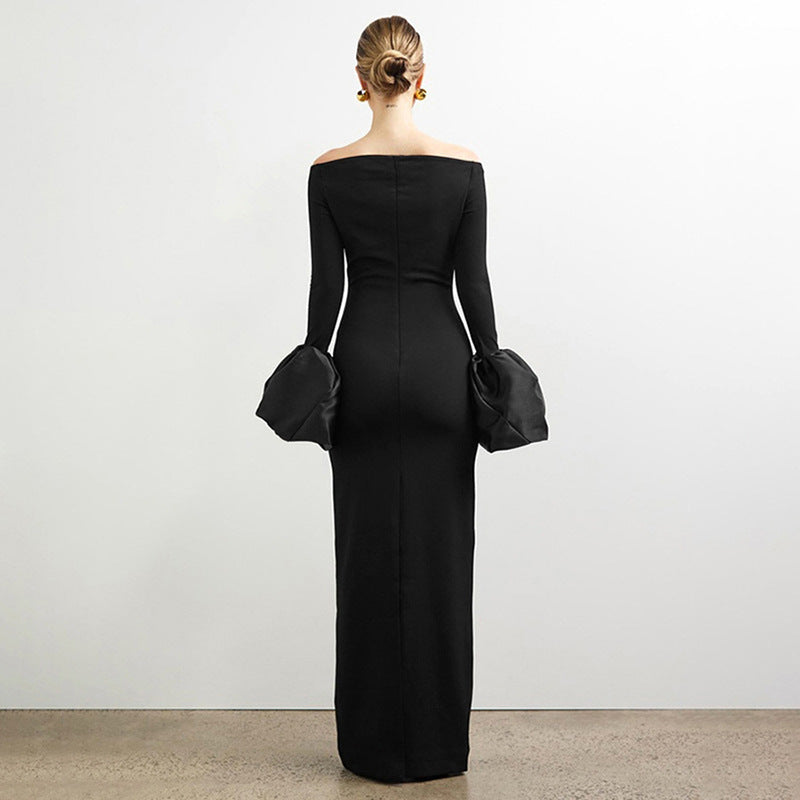off Neck Long Sleeve Puffed Sleeves Split Dress