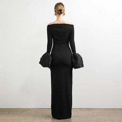 off Neck Long Sleeve Puffed Sleeves Split Dress