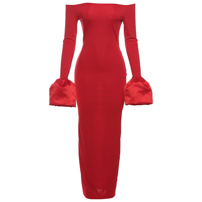 off Neck Long Sleeve Puffed Sleeves Split Dress